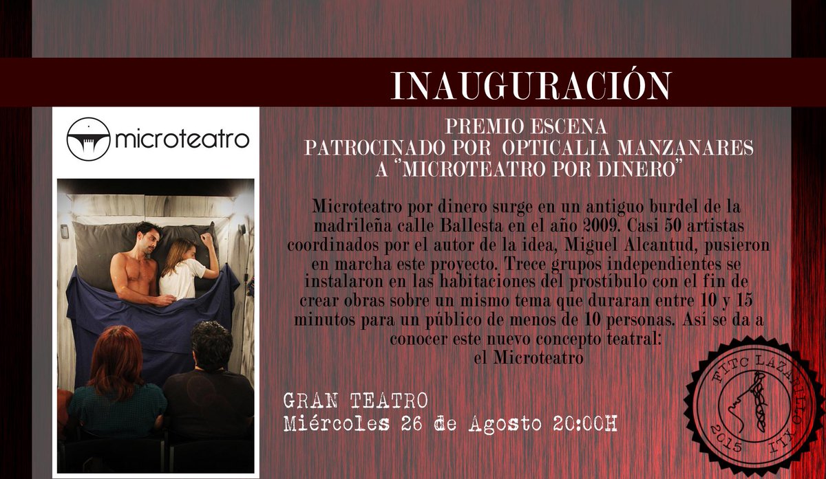FITC_Lazarillo's tweet photo. Miércoles 26: Inauguración #41FITCLazarillo y entrega Premio Escena a @Microteatro ¡Os contamos un poquito de ellos! http://t.co/XIXHY8bPRp