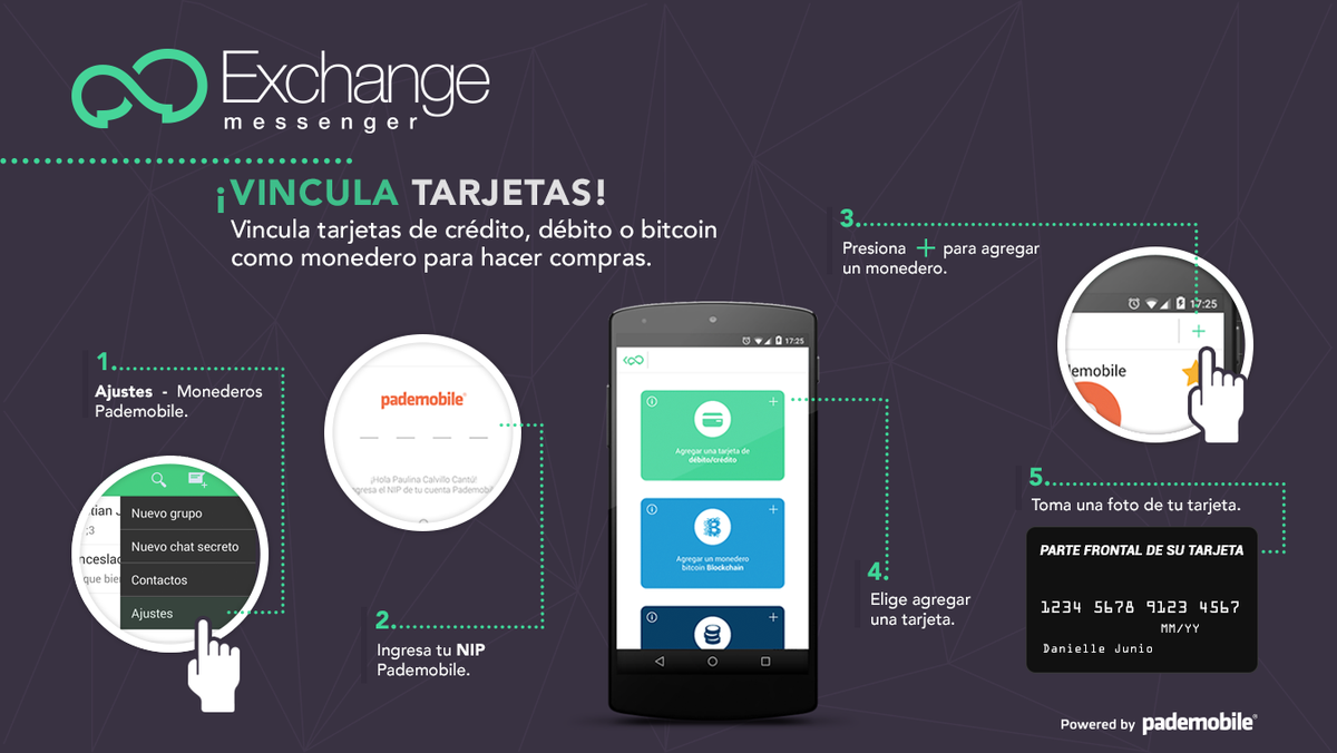 Así, tan fácil puedes ligar tus tarjetas a <a href="/exchangeapp/">Exchange Messenger</a> ! #transaccionessociales