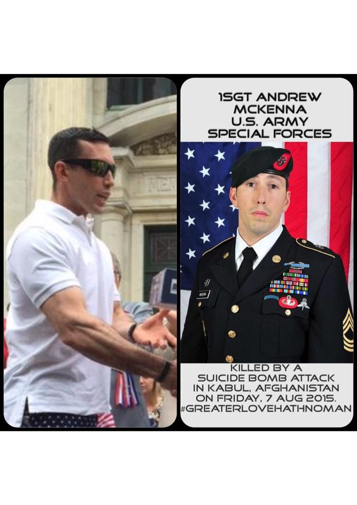 HonoringVets's tweet photo. Let's salute our newest #FallenHERO:
#Army 1SG McKenna 
who died on 7 AUG 15
#KIA #SOT
#SpecialForces
#Honor
#Salute http://t.co/eFCjOkrBKC