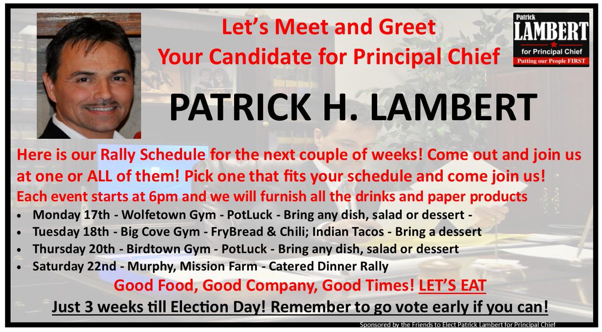 Campaign Rally Events! Come join in and get ready to vote for Cherokee Families! #VoteforPatrick #PatrickforChief