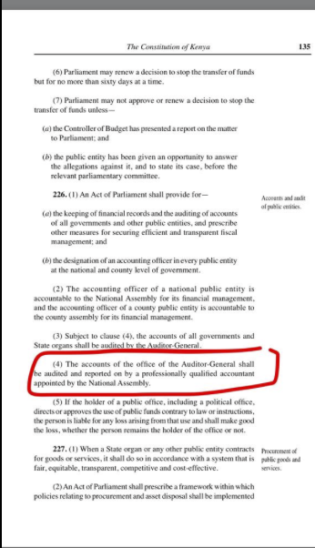 OleItumbi's tweet photo. The answer to #WhoAuditsTheAuditorGeneral is in the Constitution - PARLIAMENT. #AccountabilityIsSupreme http://t.co/3qjJJS7TCK