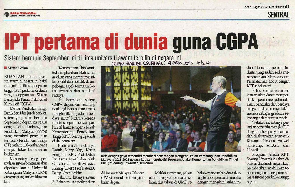 umpsamalaysia's tweet photo. @SinarOnline : IPT Pertama di Dunia Guna CGPA
#UMP
#kpt2015
#soaringupwards http://t.co/Pj6B3lg0Ca