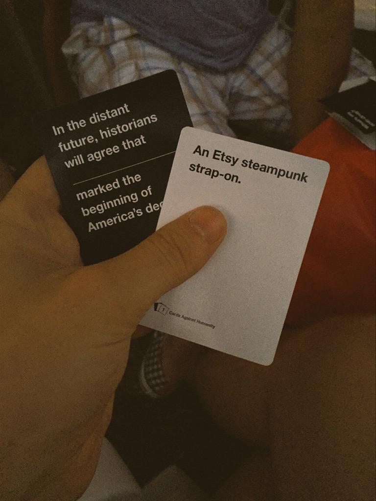 GayMalsky's tweet photo. Just had to explain to my uncle what a strap-on was.  Thanks @CAH. http://t.co/gmmKfCdwes