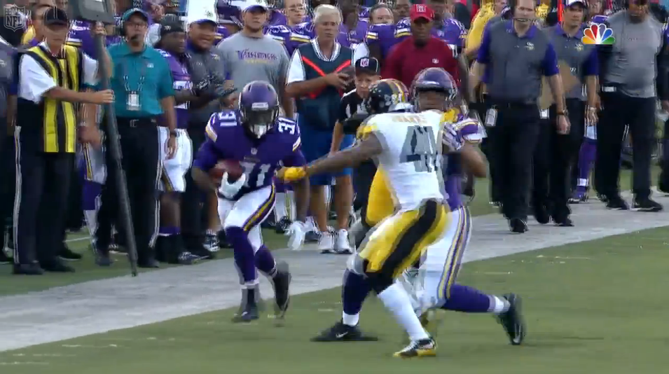 NFL's tweet photo. Juke. Truck-stick.

WATCH: Jerick McKinnon introduces himself to the @steelers defense http://t.co/QQ0C9xTetn http://t.co/AOjwrS1S8q
