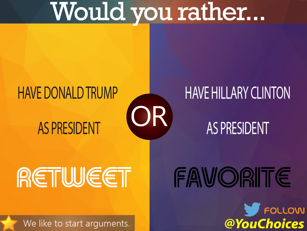 YouChoices's tweet photo. Donald or Hillary? http://t.co/YNu22EQDnj
