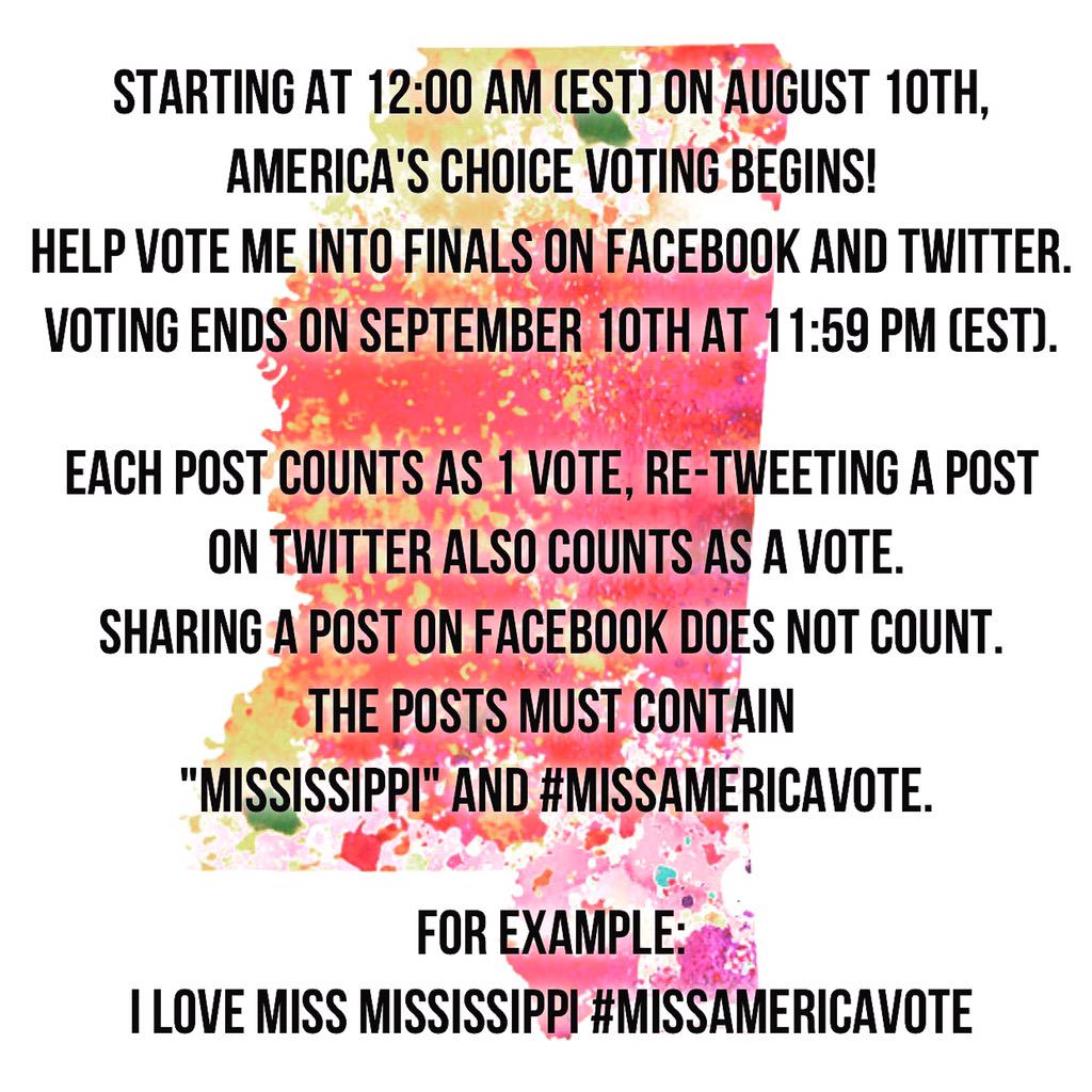 MissAmericaMS's tweet photo. Help vote me into finals at #MissAmerica! Use "Mississippi" and #MissAmericaVote on FB or Twitter! (Retweets count) http://t.co/YqWQylOND2