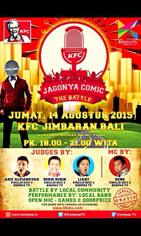 #acara @StandUpIndoBALI <a href="/KFCINDONESIA/">KFC Indonesia (Jagonya Ayam!)🔥</a> "The Battle" w/ <a href="/borisbokir/">Robiskobir</a> <a href="/LiantLin/">IG: @liantlin</a> <a href="/arif_alfiansyah/">Arf Alfnsyh</a> 14 Ags at KFC Jimbaran
