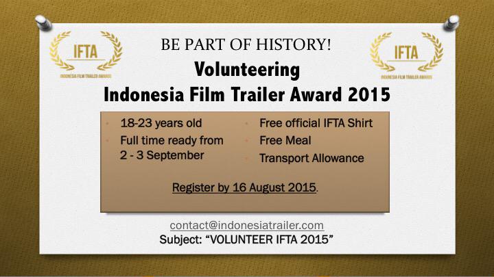 IFTAofficials's tweet photo. Yuk jadi bagian dari IFTA 2015!
Kirim CV kamu ke contact@indonesiatrailer.com cc: @KerjaKreatif @flickmagazine http://t.co/F3xZTMK4gN