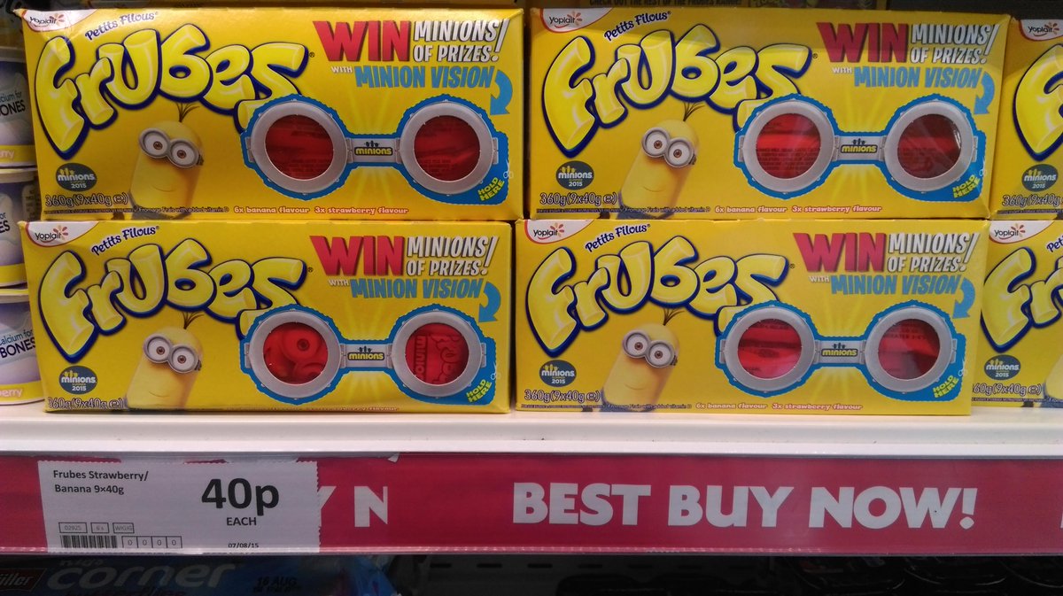 HeronFoods's tweet photo. They're one in a minion! Yoplait Frubes Strawberry/Banana Yoghurts (9 x 40g) 40p each while stocks last #herondeals http://t.co/JhQx3eZfS5