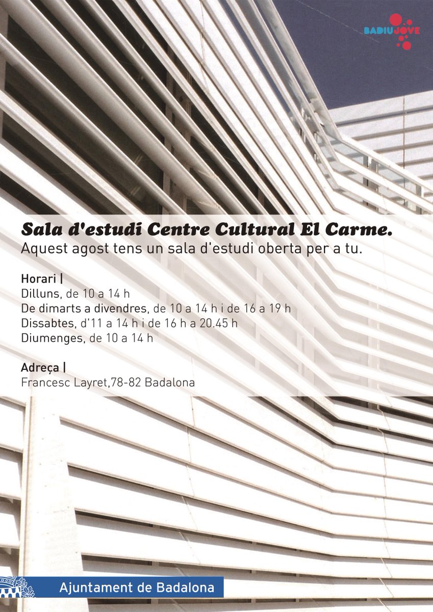 badalonajove's tweet photo. Aquest mes d'#agost, aprofita la sala d'#estudi del Centre Cultural el Carme #Badalona per estudiar-hi! http://t.co/9U0xTiuBmP
