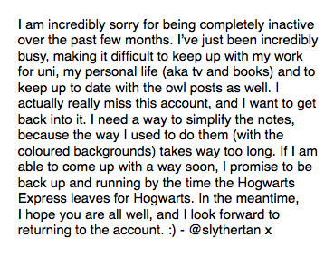HPOwlPost's tweet photo. Hi Potterheads!  Just a little note. Hope you're all well :) x http://t.co/SLQbIaUKcI