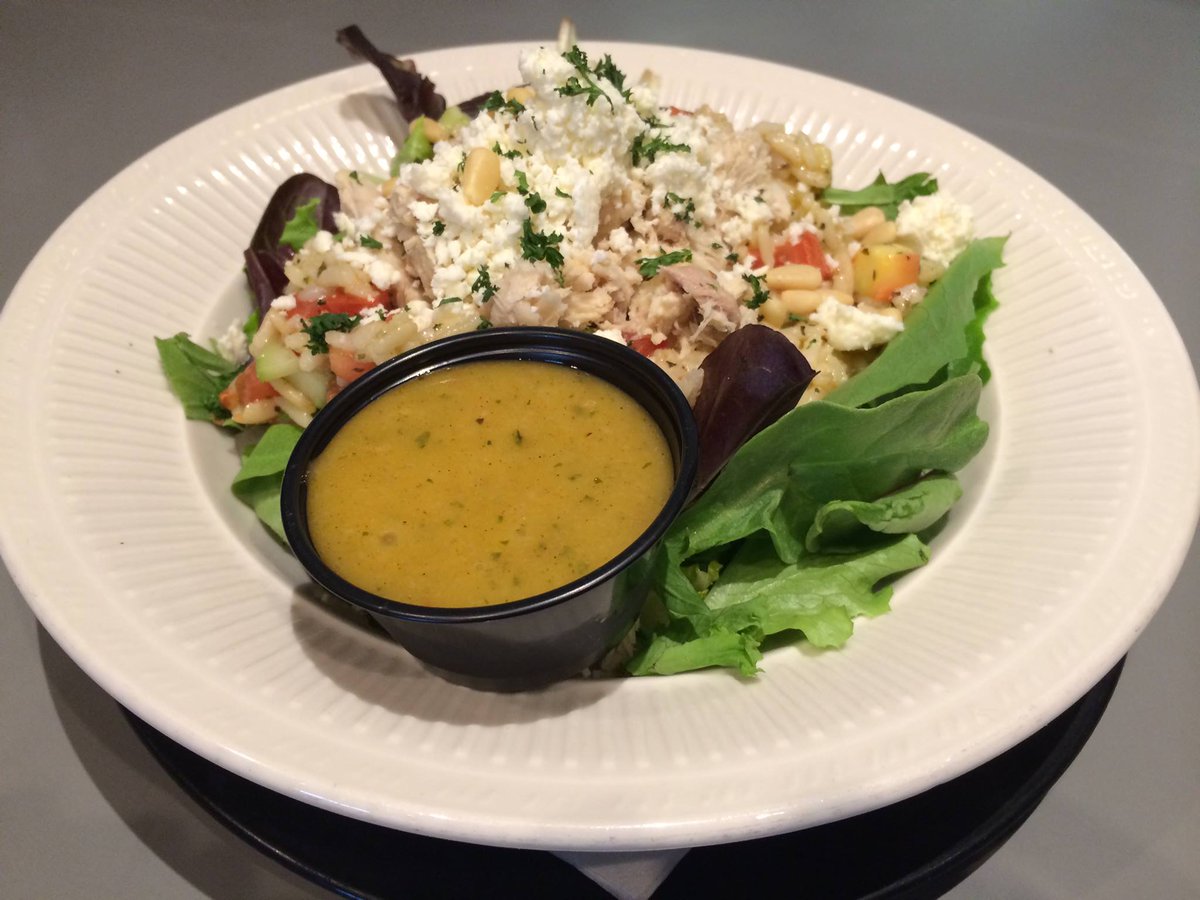 MED BROWN RICE SALAD: Brown rice tabouli, toms, onions, cucs, feta, pine nuts, spring mix &amp; romaine, chicken or tuna.