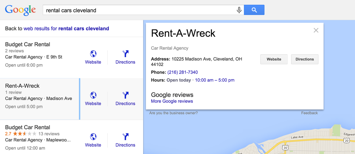 Adam_Wagner's tweet photo. "Rent-A-Wreck" is #2 search result for "Rental Cars Cleveland". Exactly what I'm looking for. Way to go, Cleveland. http://t.co/sXJ4xasoSc