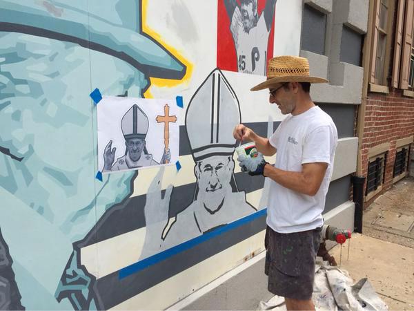foobooz's tweet photo. SPOTTED! Pope Frances getting added to the Dirty' Frank's mural. 

http://t.co/ucP3ZuEPlw via @BroadAndMarket http://t.co/9KyaOpmbZn