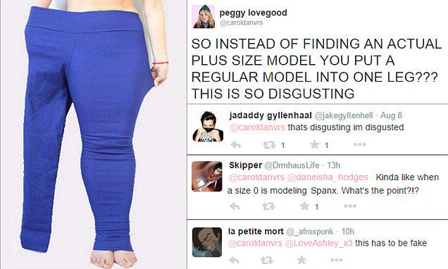 DailyMail's tweet photo. A retailer advertised XXXL leggings by wedging a skinny model into one of the legs http://t.co/htCHEdtEDz http://t.co/vy07zNYTGV