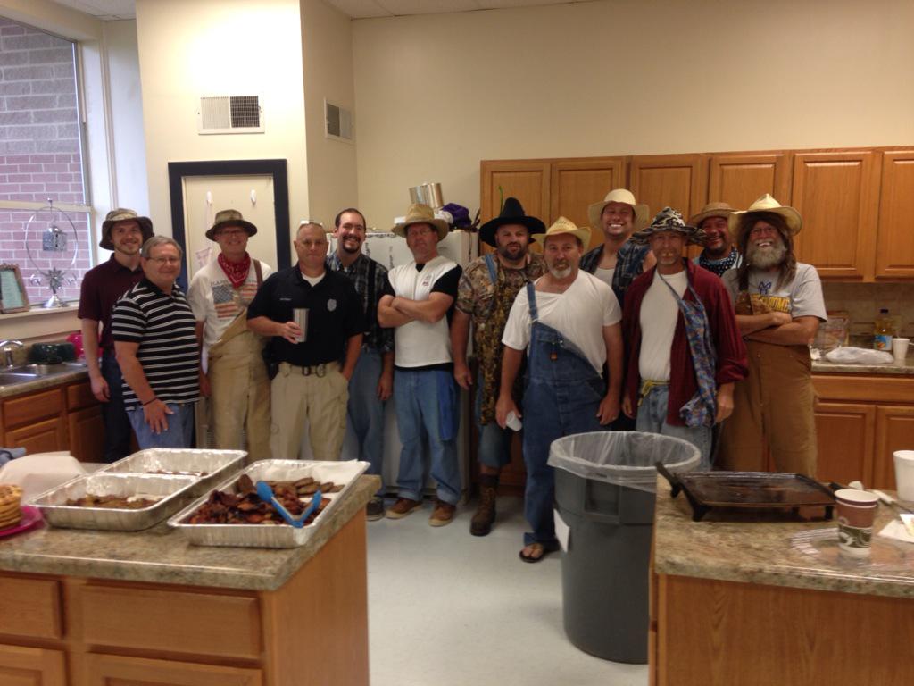 Good morning from pinkston men's group back to school breakfast! Hillbilly theme! Going to be a great 2015-16