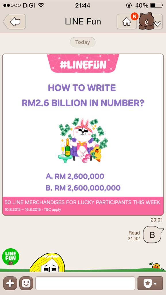 Chooiling11's tweet photo. YEAH NAJJJ ! HOW TO WRITE RM 2.6 BILLION IN NUMBERS? 😏 #LINEFUN #MALAYSIABOLEH http://t.co/vU3PHPnfRV