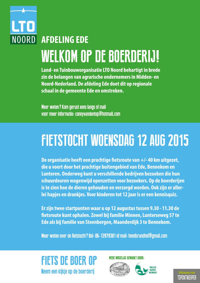 Kom je woensdag gezellig meefietsen langs diverse boerderijen? 
<a href="/LTONoord/">LTO Noord</a> afd. Ede en <a href="/ValleiBB/">Vallei Boert Bewust</a> zijn er ook.