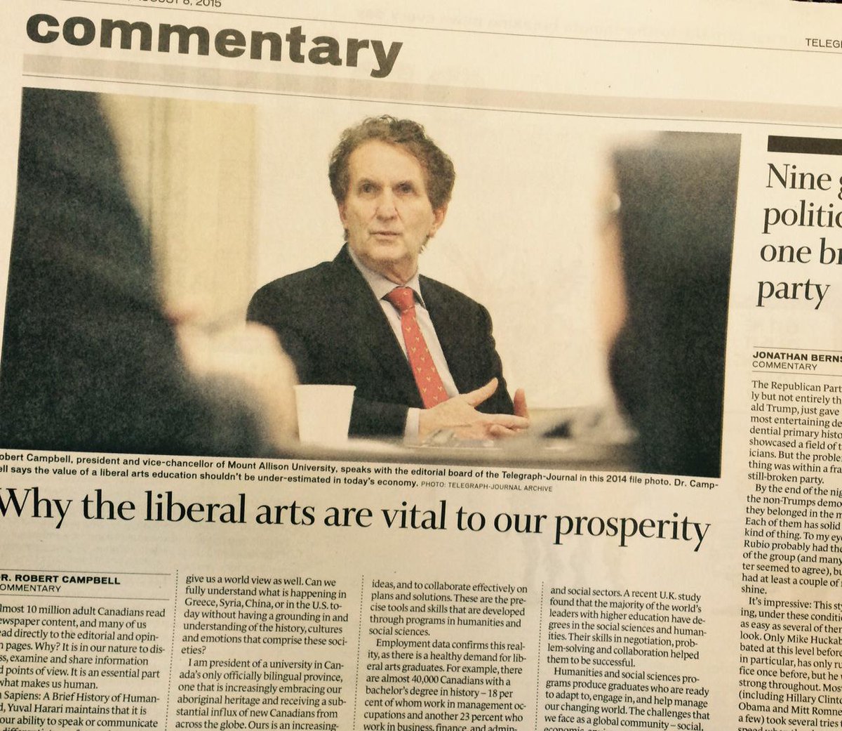 MountAllison's tweet photo. Check out the wknd Op Ed by @Campbell_MtA — Why the liberal arts are vital to our prosperity: http://t.co/bWfcpTlfzE http://t.co/rIbRfnVgft