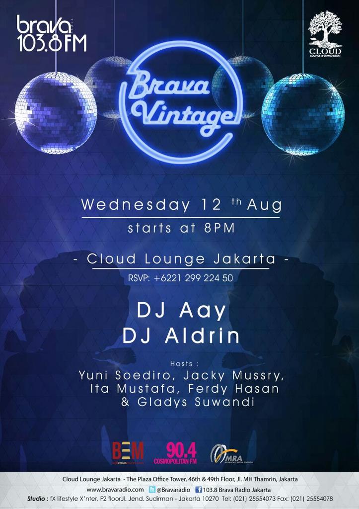 103.8 Brava Radio presents: BRAVA VINTAGE "Hit The Dance Floor" with DJ Aay &amp; DJ Aldrin. 
Wed, 12/08/2015 @Cloud Jkt.