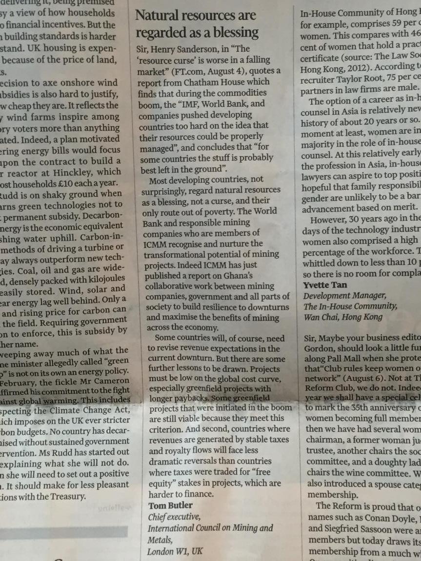 brigidICMM's tweet photo. @ICMM CEO Tom Butler challenges Financial Times resource curse report. http://t.co/e9JCUzToBD