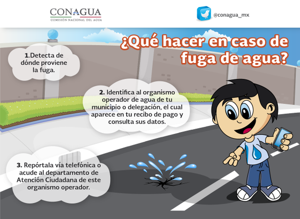 conagua_mx's tweet photo. Si existe una fuga cerca de tu hogar, repórtala con tu organismo operador o tu sistema de agua. Aquí te decimos cómo: http://t.co/H7QGZkUmD7
