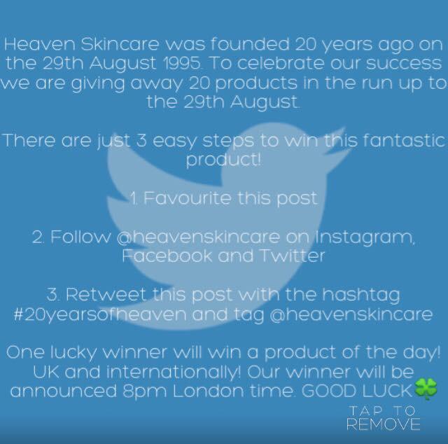 heavenskincare's tweet photo. Don't forget to enter our competition #20yearsofheaven http://t.co/MXAtKA7DiF