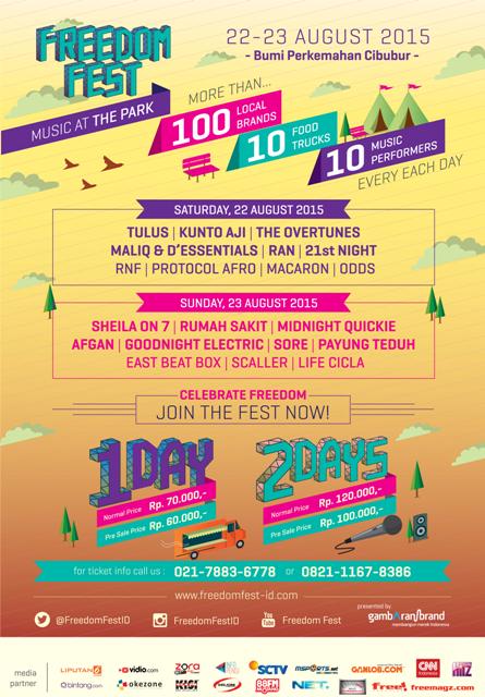 Jakarta
Minggu 23 Agustus 2015
Payung Teduh <a href="/sheilaon7/">Sheila On 7</a> <a href="/SOREband/">SORE</a> dll di <a href="/freedomfestID/">IG : freedomfestID</a>, Bumi Perkemahan Cibubur.