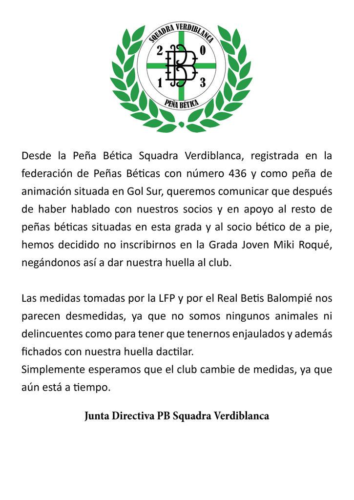 Comunicado Oficial sobre las medidas tomadas por el <a href="/RealBetis/">Real Betis Balompié 🌴💚</a> en Gol Sur. #NoALaHuellaEnGolSur #NoALaJaulaEnGolSur