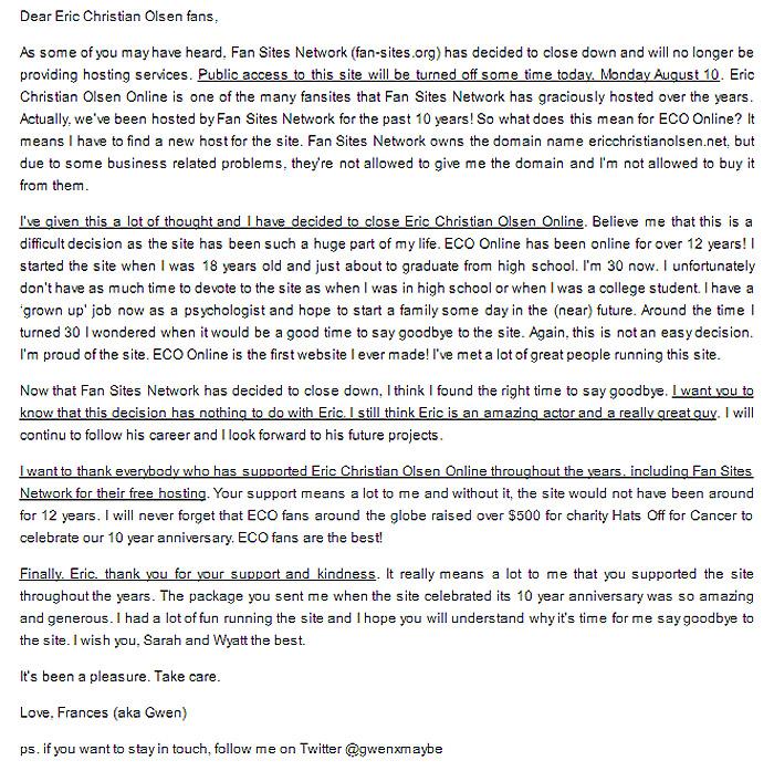 ericcolsennet's tweet photo. In case you missed it: Eric Christian Olsen Online is closed. Please read the message I've attached to this tweet. :) http://t.co/GsVxWWRtYL