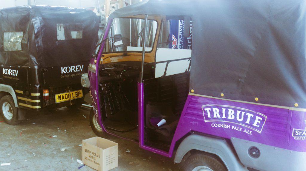 CornwallSigns's tweet photo. A sneaky preview of the @Tribute_Ale and @KorevLager TukTuks! #vehiclebranding http://t.co/hDxldx70JI