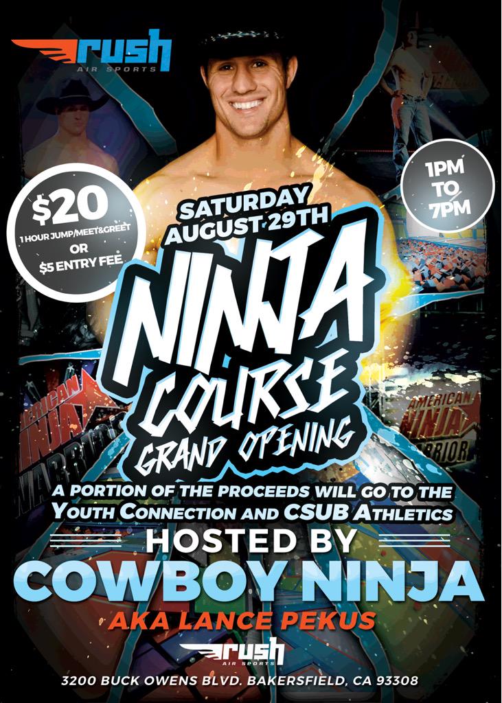 RushAirSports's tweet photo. NINJA COURSE GRAND OPENING! 
Hosted by Lance Pekus - Cowboy Ninja from Ninja Warrior! 
AUGUST 29TH!
@lancepekus http://t.co/fGRVE6rk3E