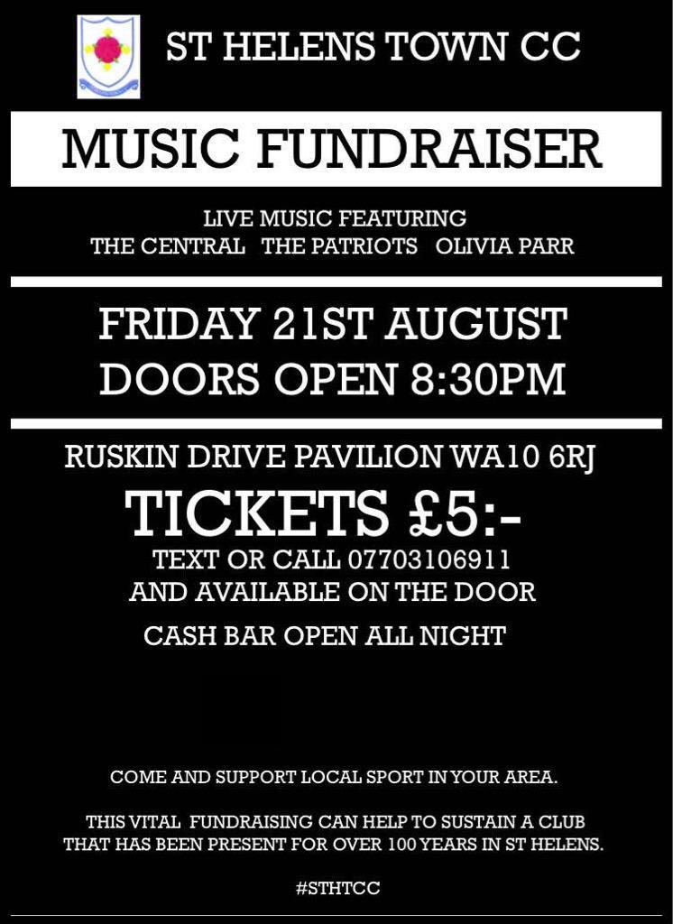 ruskinsthelens's tweet photo. Music Fundraiser @StHelensTownCC with @_ThePatriots_ @TheCentral4 &amp; Olivia Parr 21 Aug - Pavilion Bar #sthelenshour http://t.co/hGKmHiEAql