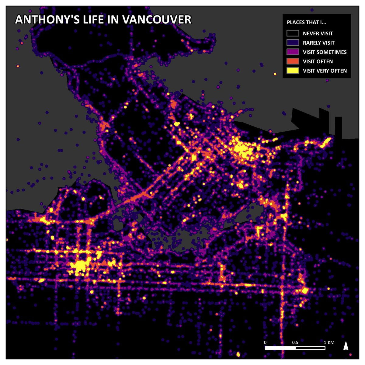 SafeStreetsTO's tweet image. New map of my personal location history in #Vancouver over the past two years #cartography #kerneldensity @googlemaps