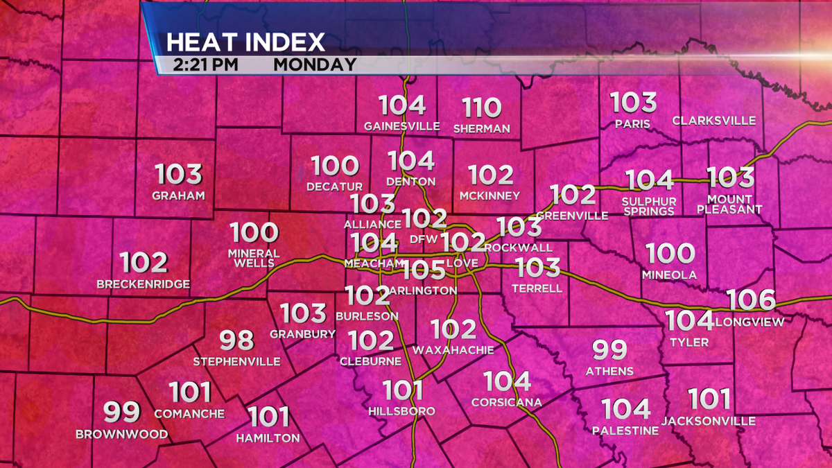 RemeishaShadeTV's tweet photo. The Heat Index has climbed all the way to 110 in Sherman and 105 in Arlington. #TXHeatwave #dfwwx http://t.co/GShYXsTRFq