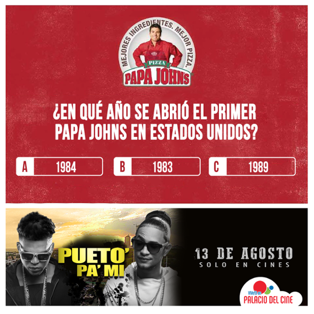 PapaJohnsRD's tweet photo. Sólo responde la siguiente pregunta correctamente usando el HT #PalCineConPapaJohns y ya estarás participando http://t.co/nDx5CYaZKw