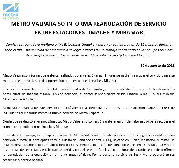 EFEValparaiso's tweet photo. A NUESTROS USUARIOS: A partir de mañana, martes 11 de agosto, #MetroValparaíso reanuda servicio tramo Limache-Miramar http://t.co/E7QHCBYhpj