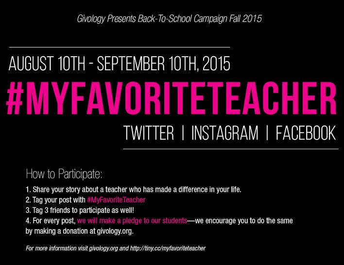 Givology's tweet photo. Happening now: #MyFavoriteTeacher - share your favorite teacher stories &amp; help real students! https://t.co/OjmAV3OPxu http://t.co/JmQJVTdewE