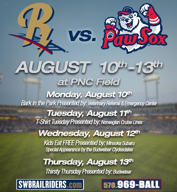 Pyro31010's tweet image. RailRiders vs. PawSox at PNC Field 8/10 - 8/13! #SWBRailRidersPromotion - sot.ag/49gxg