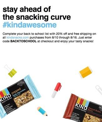 KINDSnacks's tweet image. Stay ahead of the snacking curve &amp;amp; take 20% off all purchases with code BACKTOSCHOOL! pco.lt/1NlqN0E