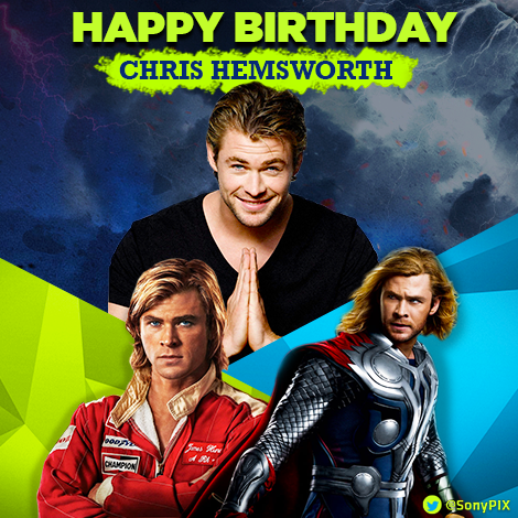 SonyPIX's tweet photo. Join us today in wishing @chrishemsworth a.k.a. the mighty God of Thunder a very #HappyBirthday http://t.co/Vf7U7UwbT6