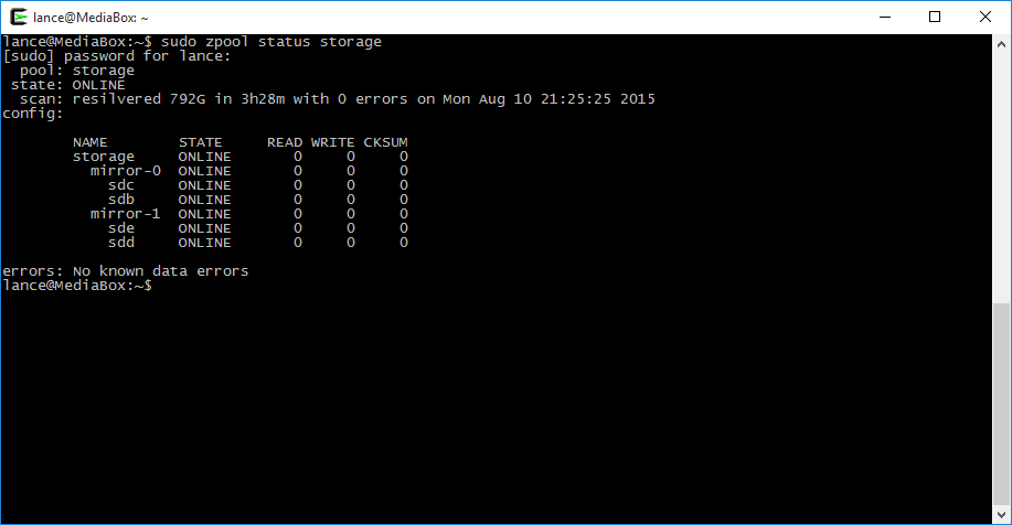 lancethepants's tweet image. #zfs rocks! Back in business after a double hard drive failure in a single night. #zfsonlinux