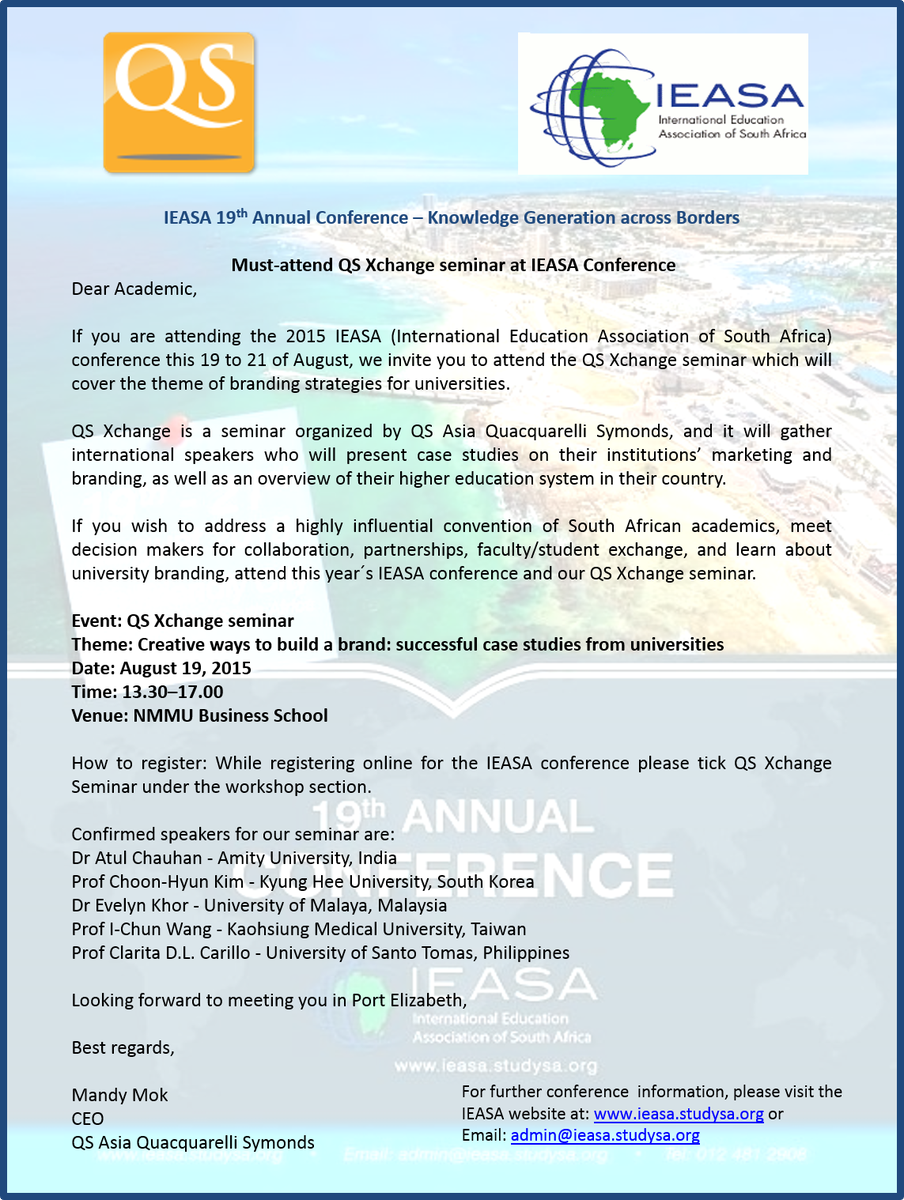 IEASA2015's tweet photo. QS Xchange Seminar: 19th August 2015. #IEASA #KnowledgeGenerationacrossBorders http://t.co/bqd4KFBNkO