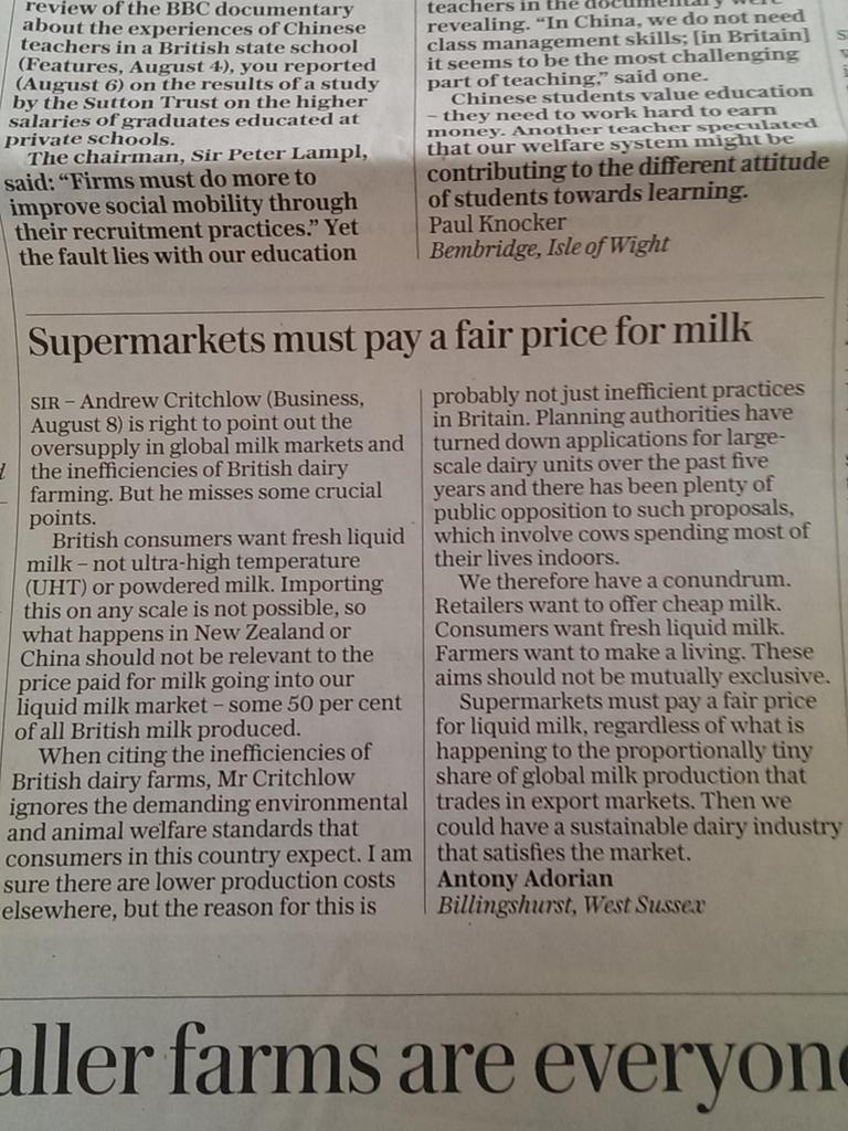 World_Farmers's tweet photo. Excellent letter in today's @Telegraph on the current dairy crisis. http://t.co/A4gOzjCHYP