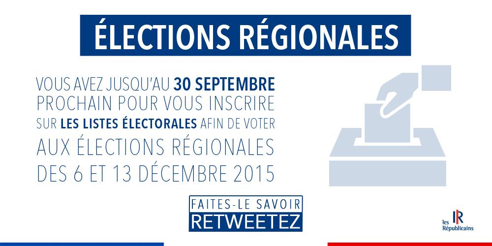 Rappel : vous avez jusqu'au 30 septembre pour vous inscrire sur les listes électorales pour les #Regionales2015