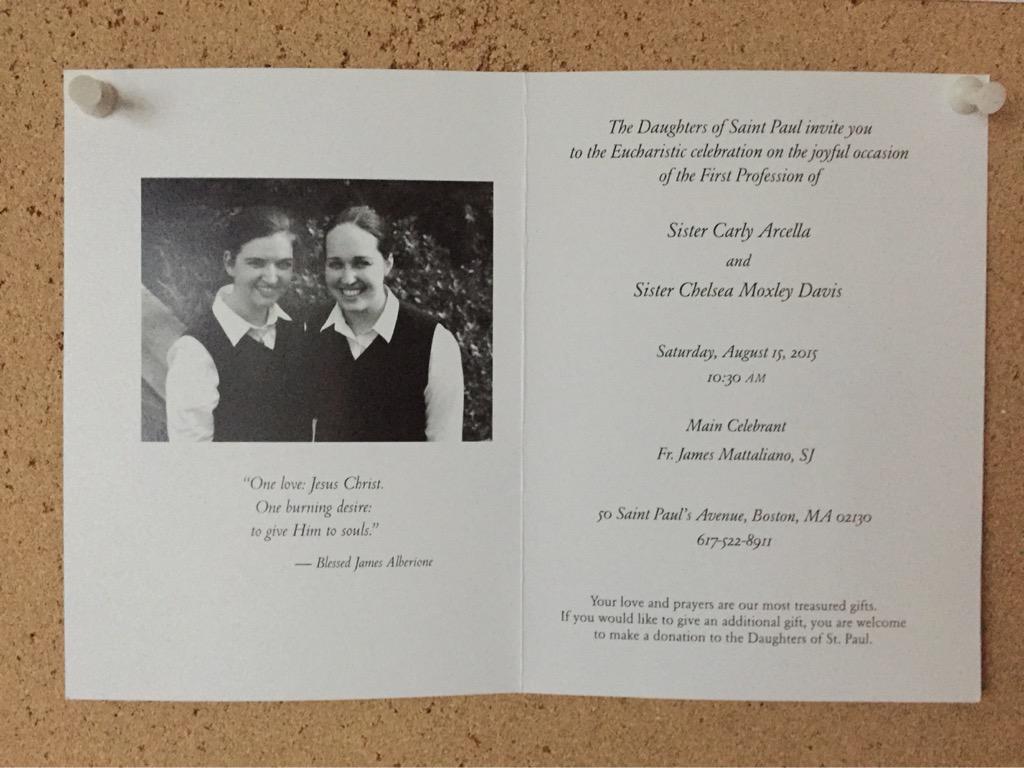 JesusHeals247's tweet photo. Our novices invitation to #FirstProfession is on the bulletin board outside chapel at our mother house in Rome! http://t.co/J7xGdP2ARl
