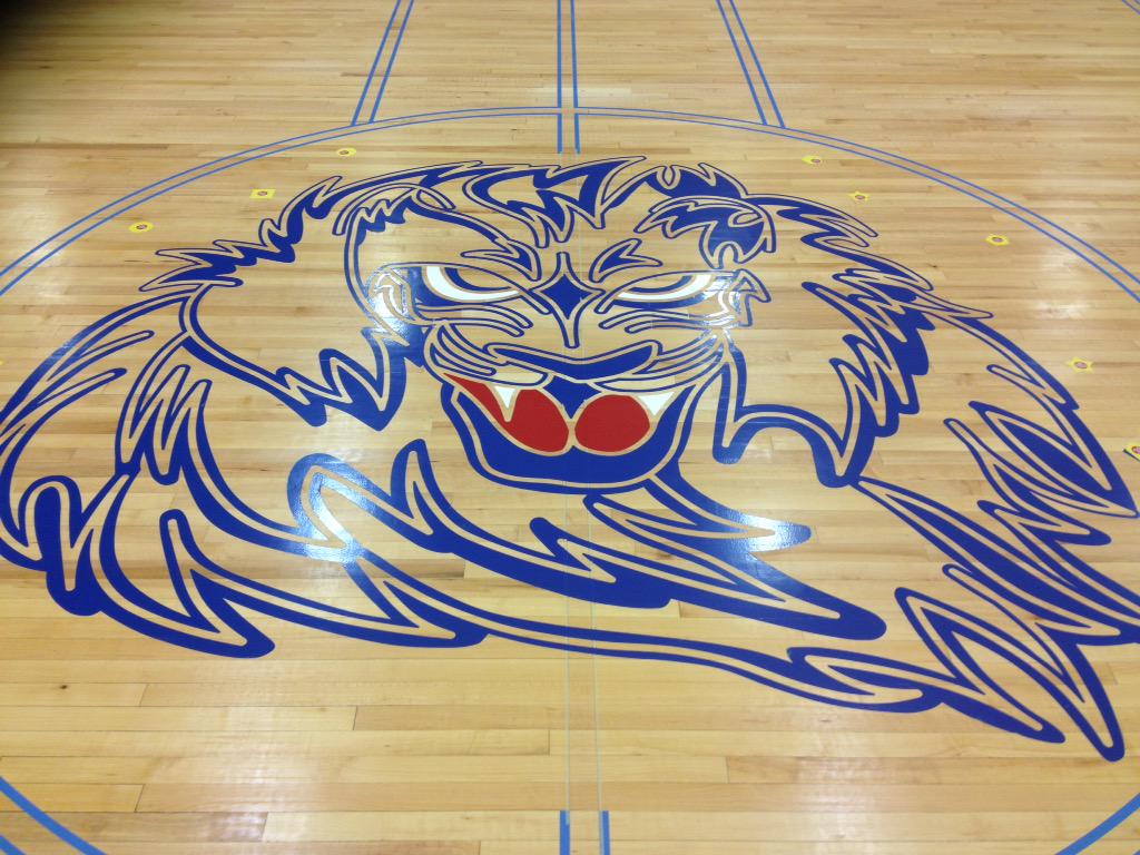 CCPS_LibertyHS's tweet photo. The new gym floor is being painted this week. Here is a sneak preview of center court. #LHSLionPride http://t.co/zMHDVNMh1D