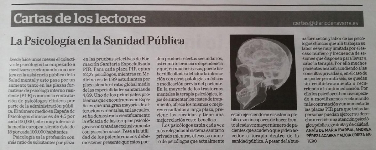 La Psicología en la sanidad pública.
Una carta en <a href="/DiariodeNavarra/">Diario de Navarra</a> <a href="/mas_plazasPIR/">Plataforma APPI</a> #MasPlazasPIR
