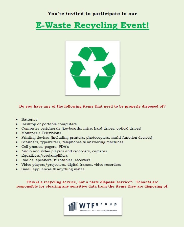 WTFgroupTO's tweet photo. WTF Group tenants are invited to join our e-waste recycling event this Thursday #gogreen! http://t.co/qNxgvsjYBM