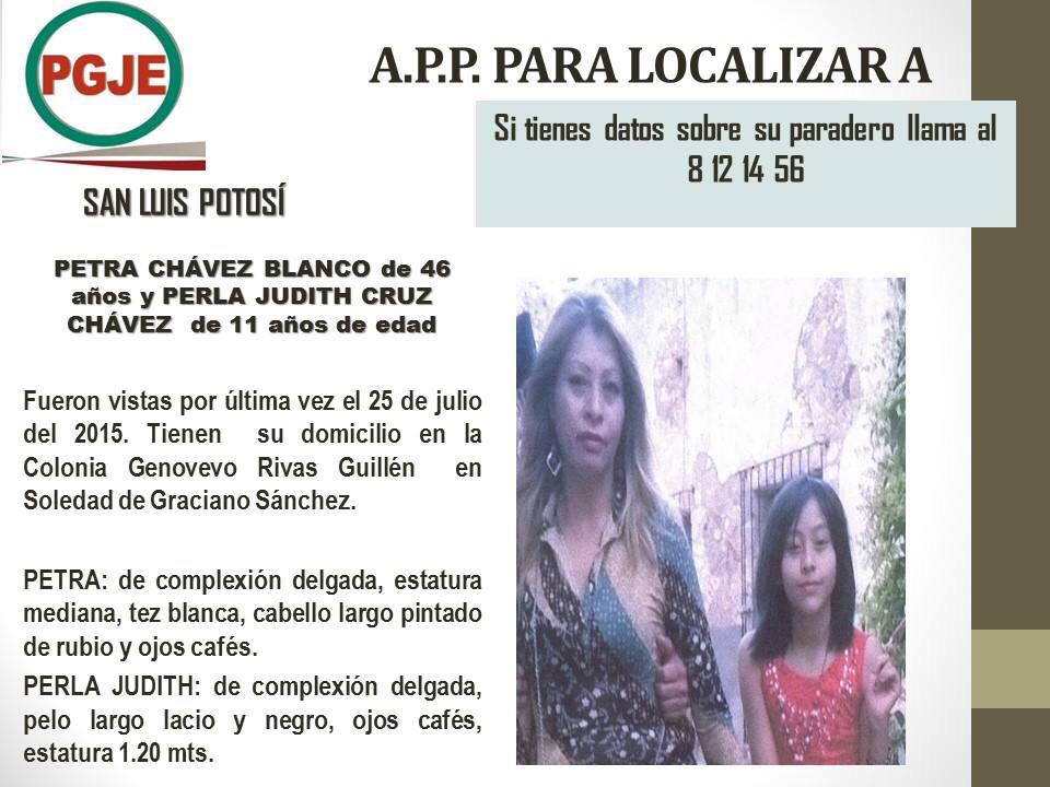 @PGJE_SLP: Solicitamos colaboración para localizar a PETRA CHAVEZ BLANCO y PERLA JUDITH CRUZ CHAVEZ,
